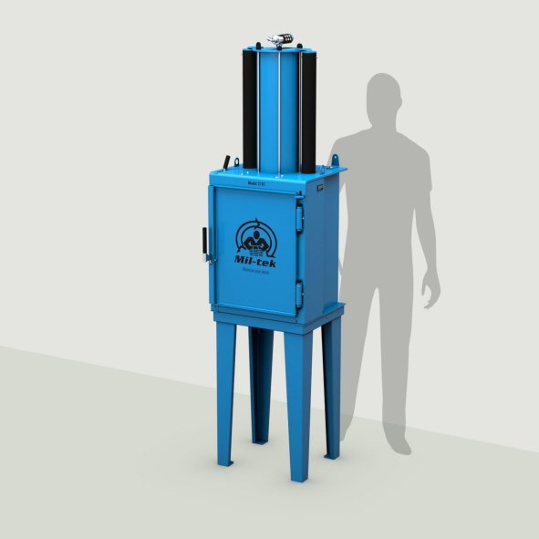Pressa verticale Mil-tek 2101 per lattine, con sagoma di riferimento per le dimensioni