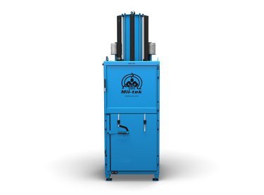 Vista frontale della pressa verticale Mil-tek 2305 per cartone e plastica