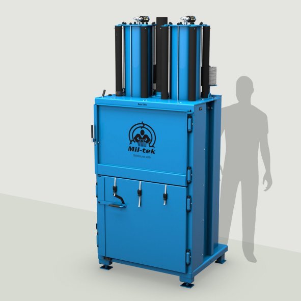 Pressa verticale Mil-tek 2306 per cartone e plastica, con sagoma di riferimento per le dimensioni