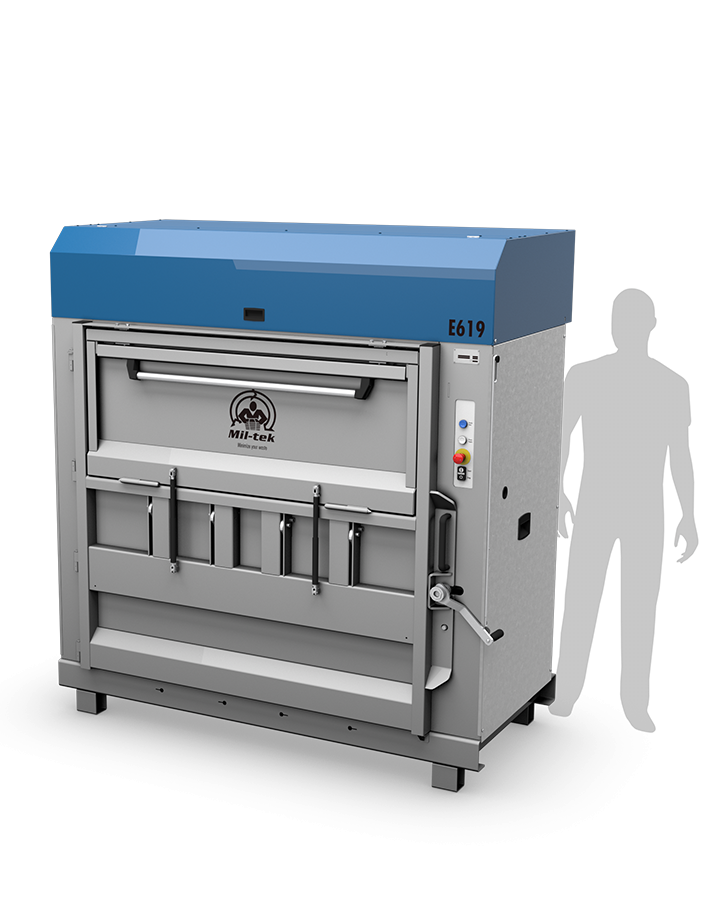 Pressa elettrica E619 Mil-tek vista angolare con sagoma per il confronto delle dimensioni