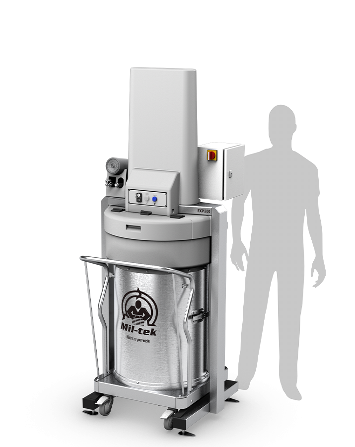 Compattatore elettrico EXP200 Mil-tek per rifiuti con sagoma per il confronto delle dimensioni