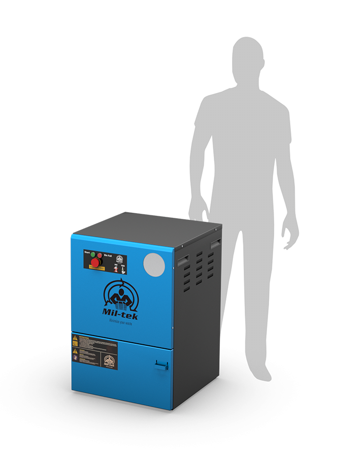 Frantumatore di vetro compatto Mil-tek GC100 con riferimento dimensionale umano