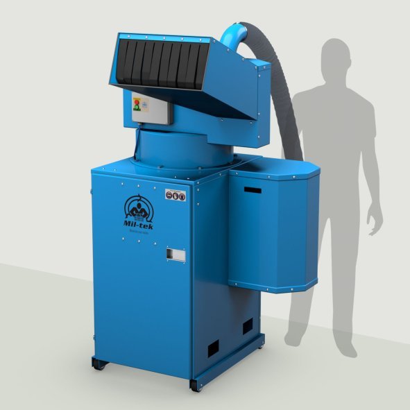 Trituratore industriale di bottiglie in vetro Mil-tek GC600 con riferimento dimensionale umano