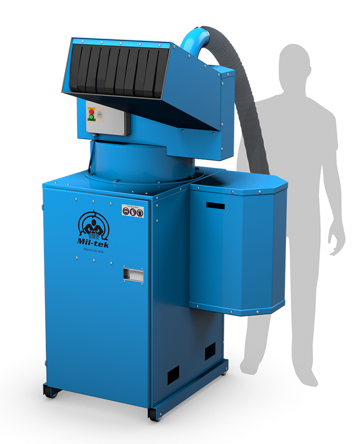 Trituratore industriale di bottiglie in vetro Mil-tek GC600 con riferimento dimensionale umano