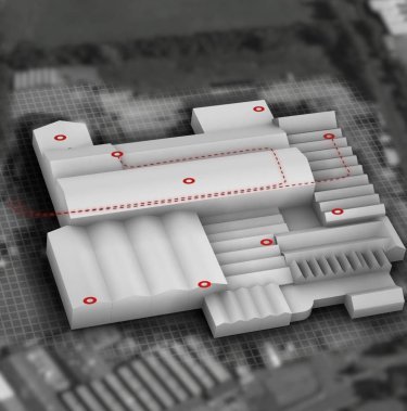 Modello 3D dello stabilimento Trivium Packaging con indicazione dei punti di installazione delle presse Mil-tek