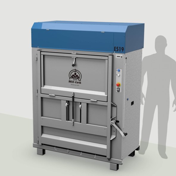 Pressa elettrica E519 per cartone e plastica su sfondo verde