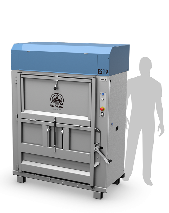 Pressa elettrica E519 per cartone e plastica con sagoma umana accanto