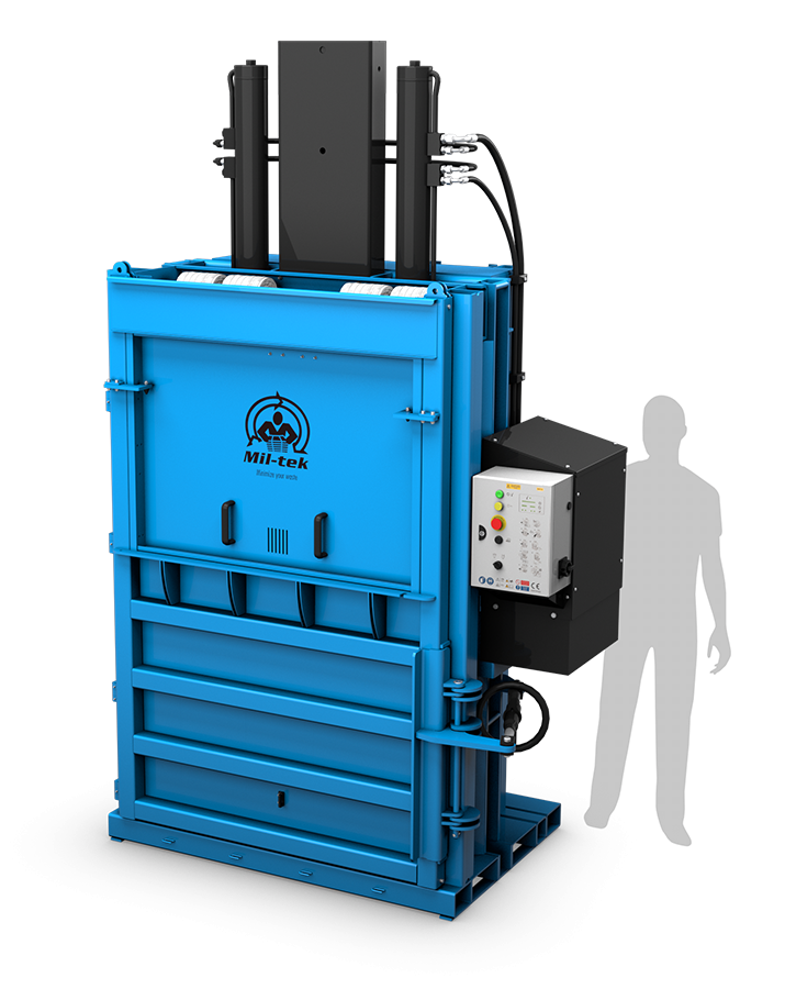 Pressa idraulica Mil-tek 50SD per cartone e plastica, con sagoma di riferimento per le dimensioni