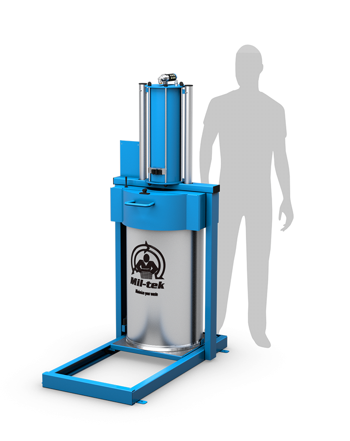 Compattatore XP300 Mil-tek per rifiuti misti con sagoma per il confronto delle dimensioni